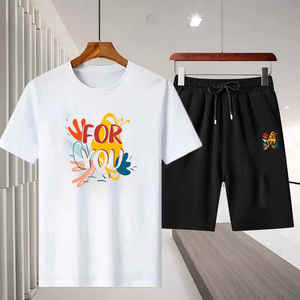 Conjunto de camiseta y pantalones cortos personalizados, transpirables, cómodos, 100% algodón, teñido liso, conjuntos de camiseta y pantalones cortos de 2 piezas para hombre - Product Image 1