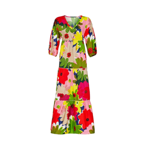 Vente à l'exportation de vêtements et accessoires Robe longue à fleurs multicolores avec des tailles personnalisées pour un look chic et moderne d'Inde - Product Image 1