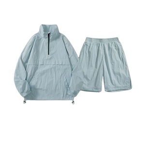 Cortavientos de nailon 2025 para hombre, conjunto activo para exteriores, chaqueta y pantalones cortos con cremallera y cuello levantado, atuendo transpirable con cierre de cremallera - Product Image 1