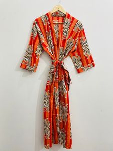 Cotton Kimono Robe Dressing Gown, Block Print Bridesmaid Robe, Summer Nightwear, One Size - Product Image 6