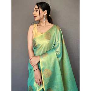 Sari de mariage en soie tissée turquoise glamour avec chemisier pour votre jour spécial - Product Image 2