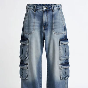 Pantalon cargo en denim tissé ample pour homme, taille haute, coupe décontractée, style streetwear, imprimé personnalisé, multi-poches, denim délavé - Product Image 2