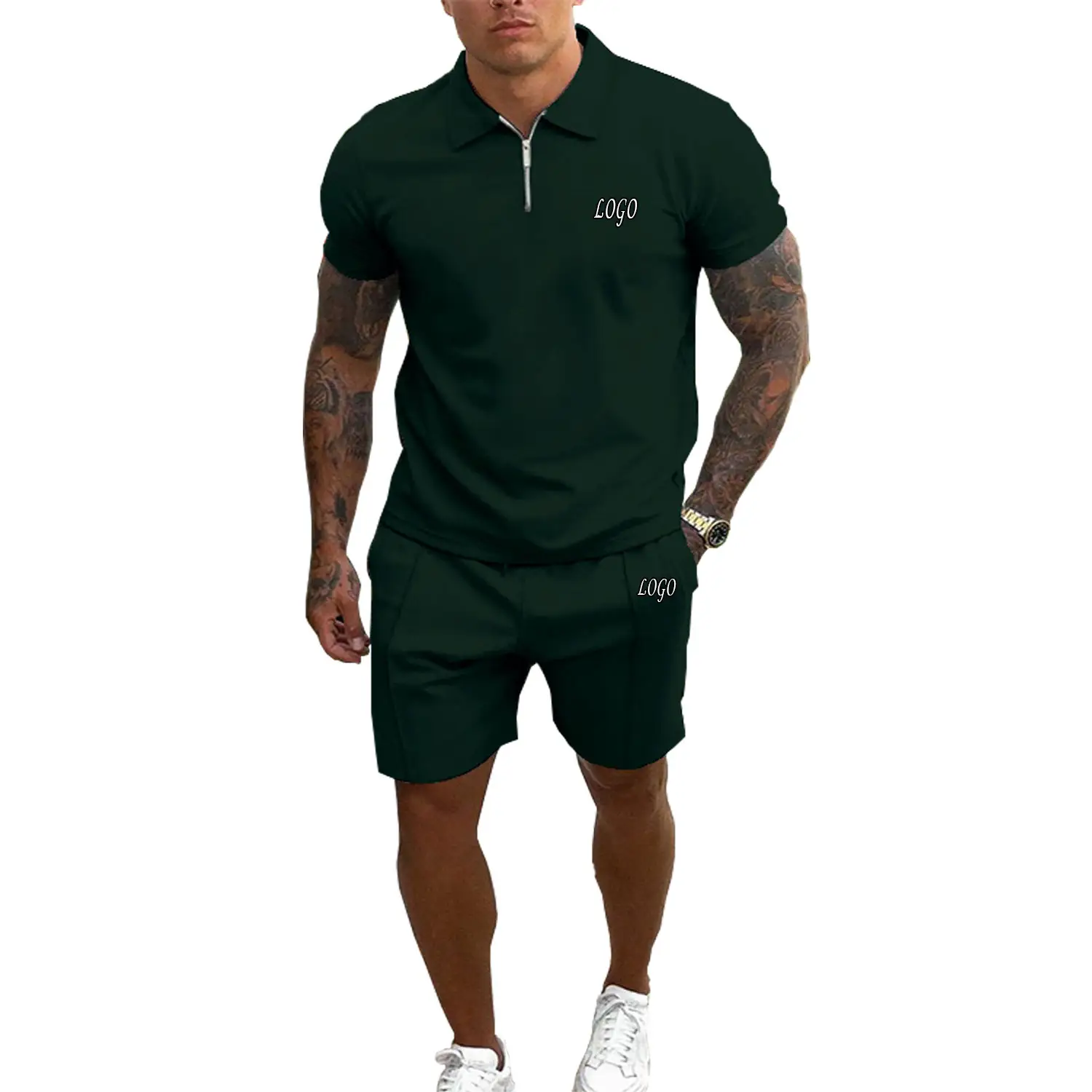 Factory Direct Sale Men Outfit Summer Casual Muscle Short Sleeve Polo Shirt And Shorts Set men half Zip Breathable Jogging Suit