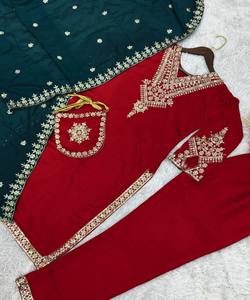 À la mode vichitra soie broderie séquence travail haut bas avec dupatta prêt à porter kurta ensemble au prix le plus bas - Product Image 4