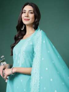 ชุดคุर्ติส์ดีไซน์เนอร์สุดหรูทันสมัย สีเขียวทะเลสวยงาม ผ้าฝ้ายแท้ ทรงเอไลน์ ปักลายสวยงาม พร้อมกางเกงปาลาซโซ่เข้าชุด - Product Image 2