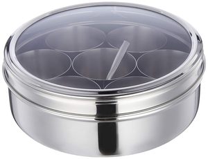 Venta directa de fábrica Almacenamiento redondo transparente de acero inoxidable para especias Masala Dabba 7 Contenedor de lata con tapa de vidrio - Product Image 5