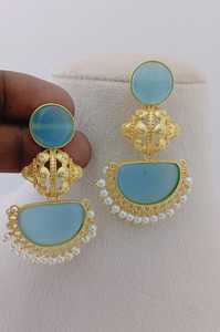 Crescent Temple Drop <b>Earrings</b> Set Semi-Circular Stone Finish Unique Ornamentation Brass Made Bulk Product Customize Design - Product Image 3