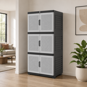 Nandos 3 Stack <b>Mini</b> Cabinet Plastic <b>Wardrobe</b>/Cabinet/Closet with Gray Rattan Hinged Doors for Bedroom Clothing General Storage - Product Image 1
