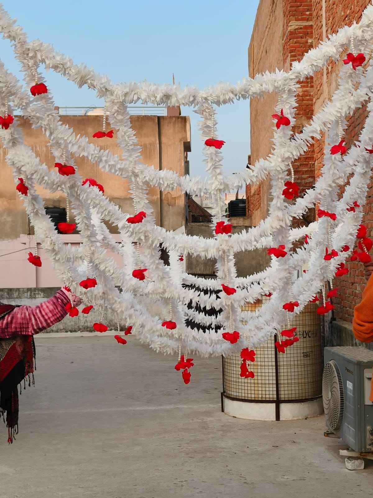 สีขาวกับดอกไม้สีแดง