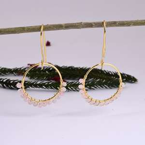 Boucles d'oreilles en argent sterling 925 avec plaqué or perles de quartz rose à la mode forme de crochet de pierres précieuses pour cadeau de mariage ou fête - Product Image 5