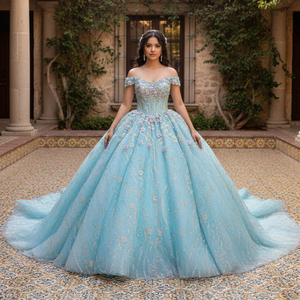 1534 Precioso Vestido de Fiesta con Apliques Florales, Bordado con Cuentas de Cristal, Cintura Natural, Largo hasta el Suelo y Cola Capilla - Product Image 1