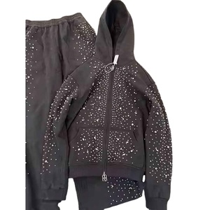 New Arrival Acid <b>Wash</b> Streetwear Heavyweight Solid Warm Winter High Quality Custom Logo Cotton Rhinestone Tracksuit - Product Image 2