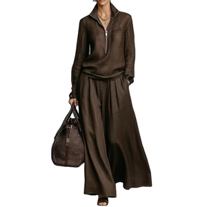 Conjunto de 2 Piezas de Moda Urbana Elegante para Mujer, Sudadera Informal de Manga Larga con Cremallera y Pantalones Lisos de Corte Regular - Product Image 1