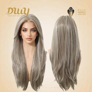 Peluca Larga y Lisa Marrón Ethel-DWY con Frente de Encaje Transparente 13x6, con Reflejos, Sin Pegamento, Cabello Sintético - Product Image 5