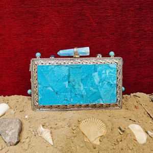 Turquoise Gemstone Mosaic <b>Clutch</b> with <b>Silver</b> Frame and Stone Bar Clasp Handmade Luxury Statement <b>Bag</b> for Weddings Parties - Product Image 1