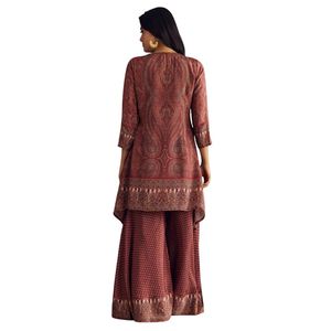 Traje de Kurta Sharara de satén naranja ladrillo con estampado de Cachemira y escote Cutdana para fiesta de boda ropa India festiva - Product Image 6