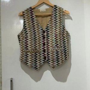 เสื้อกั๊กแจ็กเก็ตลายทางคอวีแนววินเทจยุค90พร้อมชุดเดรสพิมพ์ลายลูกปัดระบายอากาศได้ดีและมีสไตล์