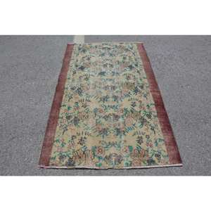 Alfombra turca Vintage Beige azul 3,6X5,9 pies patrón de retazos de tejido plano de lana para decoraciones de sala de estar Uso de pasillo látex - Product Image 1