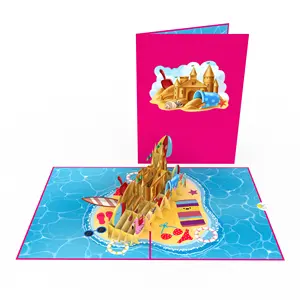Sand Castle 3D kartu Pop Up penjualan terlaris penjualan terbaik untuk liburan musim panas pesta liburan 3D kartu buatan tangan kertas pemotong Laser