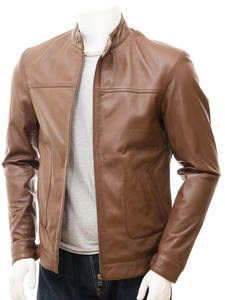 Veste en peau de mouton marron clair personnalisée de grande taille pour hommes de haute qualité en cuir véritable style moto respirant pour l'hiver avant - Product Image 2