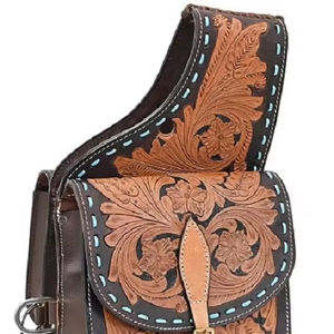 Superventas de alta calidad de cuero genuino Western Trail Tooling Carving Horse Saddle Bag - Product Image 1