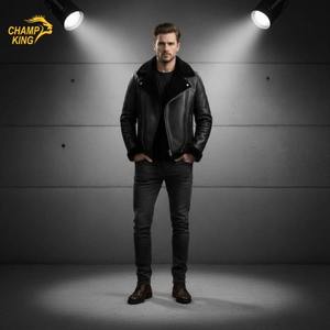 Chaqueta de Cuero de Alta Calidad para Hombre, Cuero Vacuno Genuino, Forro de Piel Sintética, Chaqueta con Cuello 2025 - Product Image 1