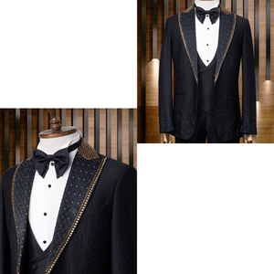 Esmoquin negro para hombre de viscosa 80% de lana 20% con detalles dorados, traje elegante para bodas, fiestas, eventos formales y ocasiones especiales - Product Image 3