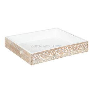 Bandeja de madera de excelente calidad en elegante color blanco con forma rectangular y diseño intrincado perfecto para servir y exhibir - Product Image 4