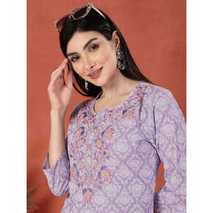 Kurta Recta con Estampado Floral y Bordado para Mujer, Cuello en V, Transpirable, de Algodón Puro, Elegante, Largo hasta la Rodilla, Talla 5XL, Suministro ODM - Product Image 6