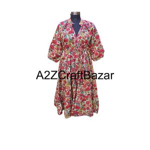 Robe midi en coton himanshi faite à la main en Inde, imprimé floral, tissu naturel confortable, tenue décontractée pour les fêtes, pour femmes - Product Image 2