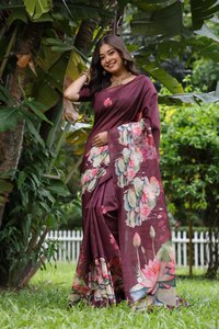 Hermosa mezcla de seda suave Tussar y LOTUS impreso peso ligero temporada de verano desgaste Sari elegante con pieza de blusa a juego - Product Image 3