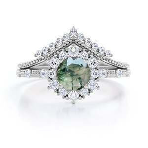Anillo de Plata de Ley 925 con Ágata Verde Musgo Clásica y Moissanita para Mujer, Anillo de Piedras Preciosas para Boda o Fiesta Victoriana - Product Image 1