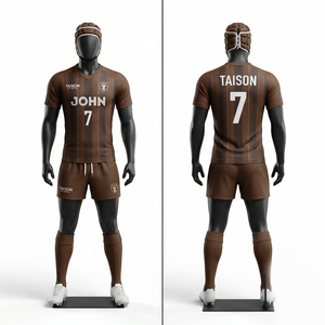 Uniforme de rugby en polyester interlock premium 180 GSM, panneau rayé marron, logo personnalisé par transfert thermique pour équipe - Product Image 1