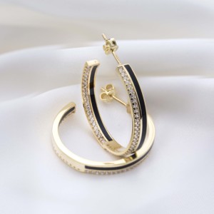 Pendientes de Aro con Diseño de Esmalte Negro y Circonita, Joyería Turca Artesanal de Plata de Ley 925 al por Mayor - Product Image 2