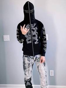 Sudadera con capucha de invierno para hombre, con cremallera completa, de algodón 100% transpirable, estilo hip hop urbano con pedrería, 300g - Product Image 6