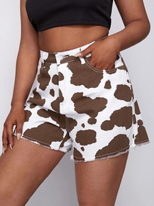 2025 Woman Regular Wear Cow Skin Printed Jean Pants Casual Stretch <b>Slim</b> Denim <b>Shorts</b> Women's Button up Multi Pockets OEM - Product Image 3