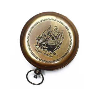 Nautical Ross London Brass Round Pocket Compass Marine Navigational Royal Device Gift Item Engraved Pocket Compass