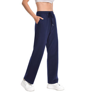 Pantalons de survêtement évasés taille haute de qualité supérieure pour femmes, en coton de haute qualité, pantalons à jambes larges pour l'hiver, style à devant plat - Product Image 3