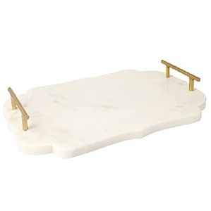Plateau de service en marbre blanc de créateur avec poignées dorées pour servir des pâtisseries, du thé, du café, design étonnant, personnaliser à un prix abordable - Product Image 1
