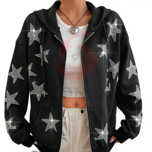 Sudadera con capucha informal con diamantes de imitación para mujer con estampado frontal personalizado OEM, forro polar con cremallera completa de invierno 100% algodón - Product Image 1