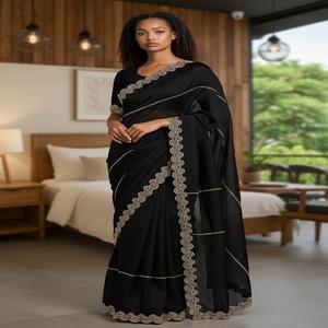 Sari en soie douce pour femmes avec tissu à double teinte, travail original Zarkhan, bordure en pointillés, adulte - Product Image 1