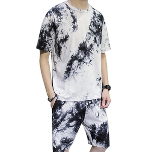 Conjunto de Dos Piezas Tie-Dye Blanco y Negro, Ropa Urbana, Camiseta Cómoda y Pantalones Cortos Deportivos, Look de Moda, Conjuntos para Hombre - Product Image 1