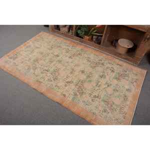 Alfombra de lana turca Vintage de 3,9x6,7 pies, tejido plano de retazos Beige y verde para decoración de sala de estar, respaldo de látex - Product Image 3