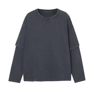 เสื้อยืดผ้าฝ้าย2ชั้นสำหรับผู้ชายทรงโอเวอร์ไซส์สไตล์วินเทจผ้าดิบแขนยาวปล่อยไหล่ - Product Image 1