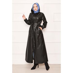 Chaqueta de Cuero Genuino Negra Formal con Capucha, Cintura Ajustable, Cierre de Cremallera, Forro de Seda, Impermeable, Casual de Invierno, con Botones Estampados - Product Image 3
