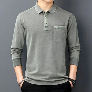 Polos informales para hombre primavera otoño nuevo botón de solapa sólido bolsillo Streetwear moda Oficina Social manga larga Tops - Product Image 3