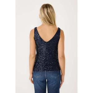 Blusa Casual Azul Marino con Cuello en V, Detalle de Lentejuelas Florales Chic, Cuello con Volantes, Talla XL, Viscosa Chifón, Logotipo Frontal, Primavera, Otoño, Fiestas - Product Image 4