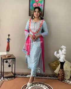 Belo Bordado 3 peça Céu Azul Salwar Kameez com Duppatta Indiano Designer Festivo Em Linha Reta Kurta Calça conjunto Readymade