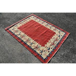 Ethnic <b>Boho</b> Wool Eco Friendly Traditional <b>Rug</b> Red Beige Patchwork 4.8ft X 6.4ft Rectangular Side Medium Thickness <b>Rugs</b> Sets - Product Image 2