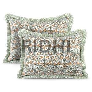 Funda de Almohada Lumbar Ridhi 20x26, Color Amarillo Goldenrod, con Volantes, Estampado Floral a Mano, Estilo Occidental, 100% Algodón, Extraíble y Lavable - Product Image 1